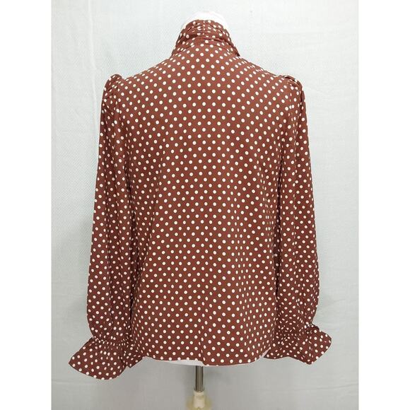 *NWT* Abbott Elementary XL Brown/White Dots Long Sleeve Blouse W/Tassele #L7 - Picture 3 of 4